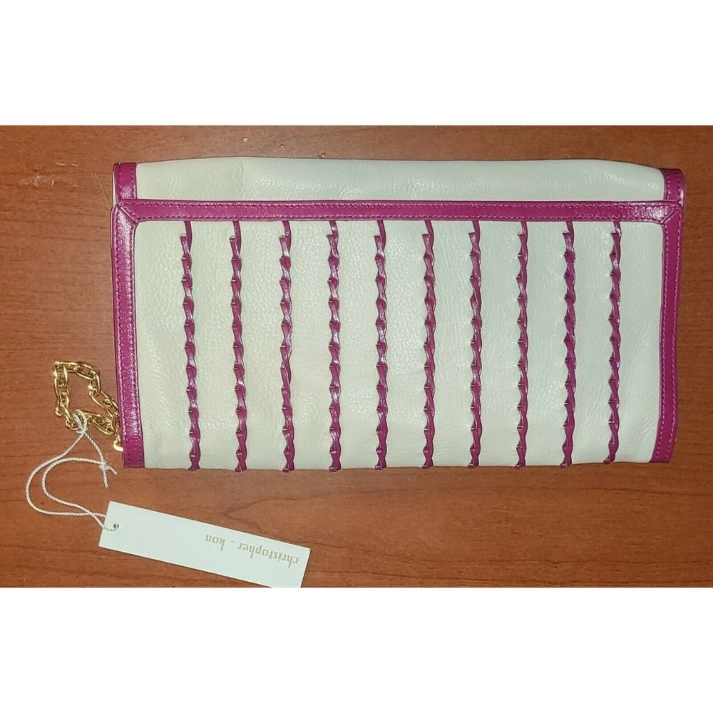Christopher Kon Leather Clutch Handbag w/ Chain - Bone with Fuschia Accents New